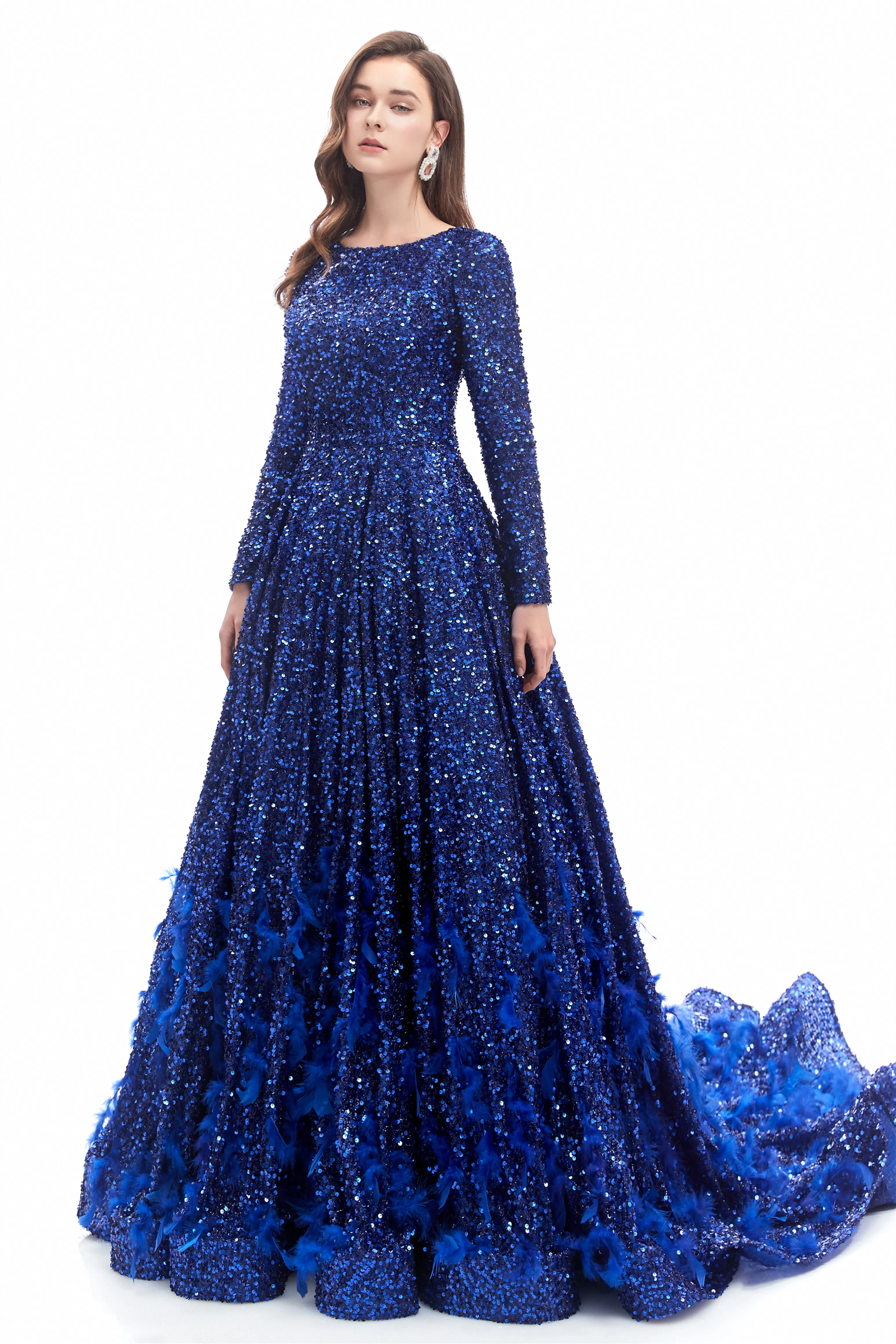 Mermaid Jewel Sequined Floor-length Long Sleeve With Feather Prom Dress