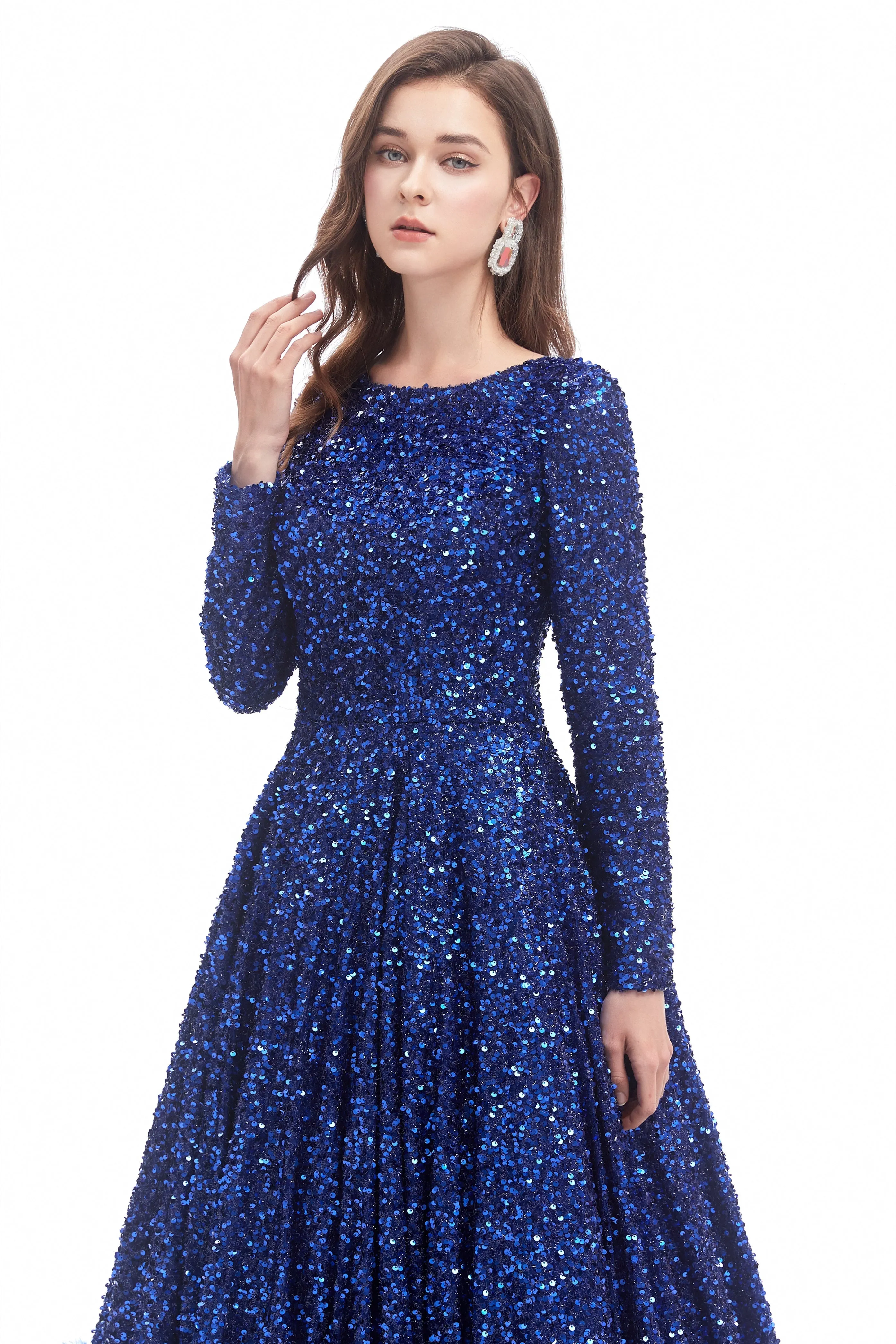 Mermaid Jewel Sequined Floor-length Long Sleeve With Feather Prom Dress