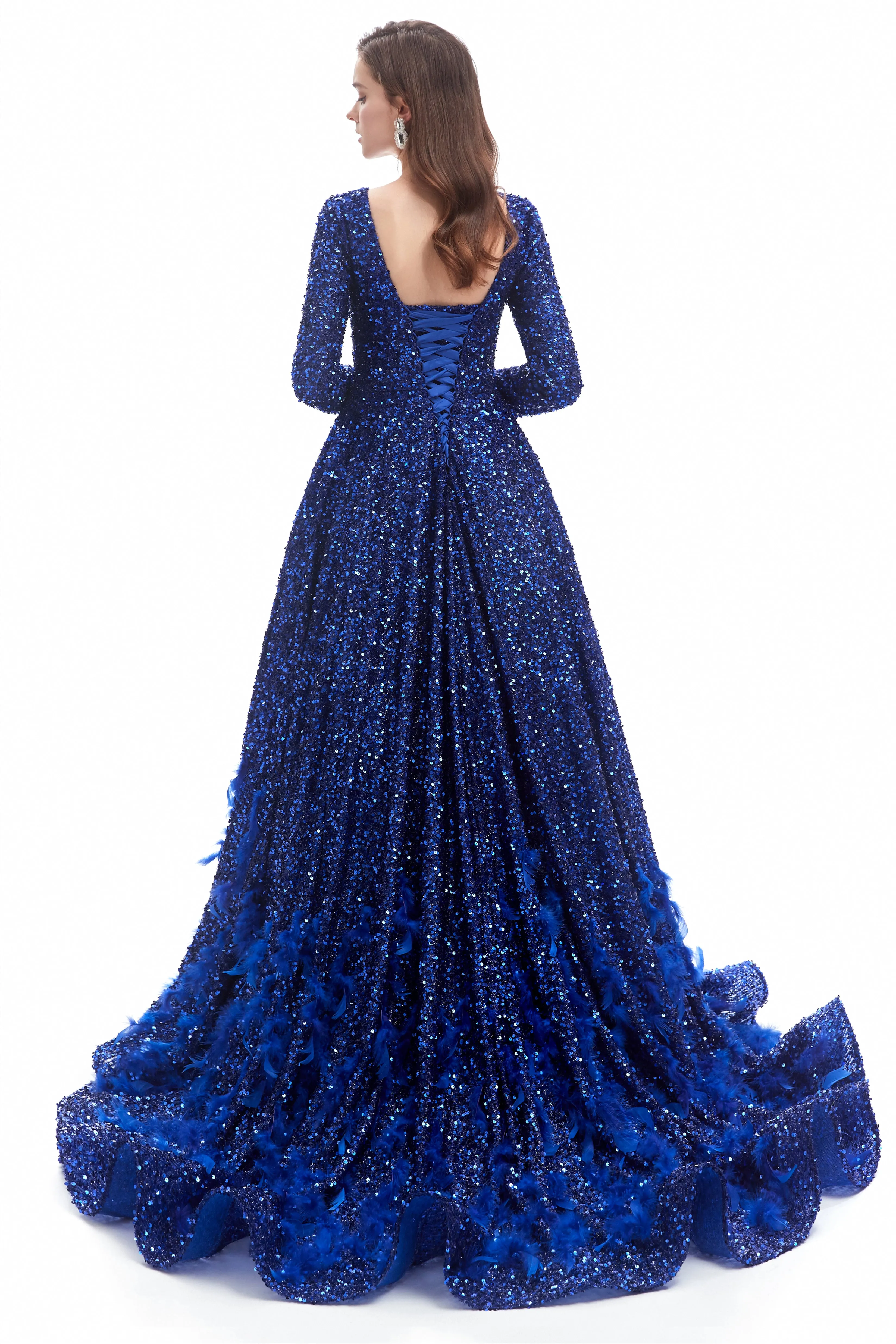Mermaid Jewel Sequined Floor-length Long Sleeve With Feather Prom Dress