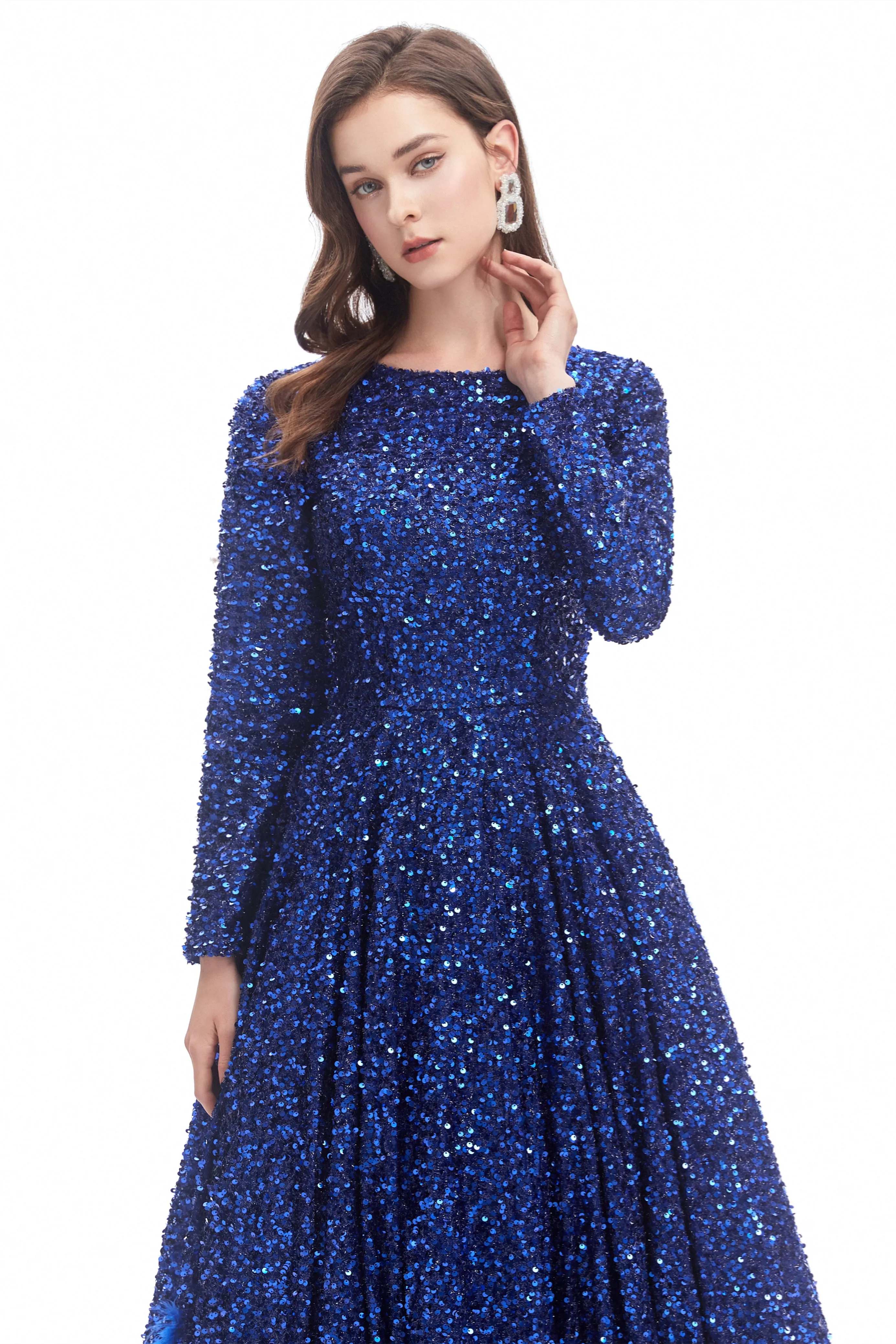 Mermaid Jewel Sequined Floor-length Long Sleeve With Feather Prom Dress