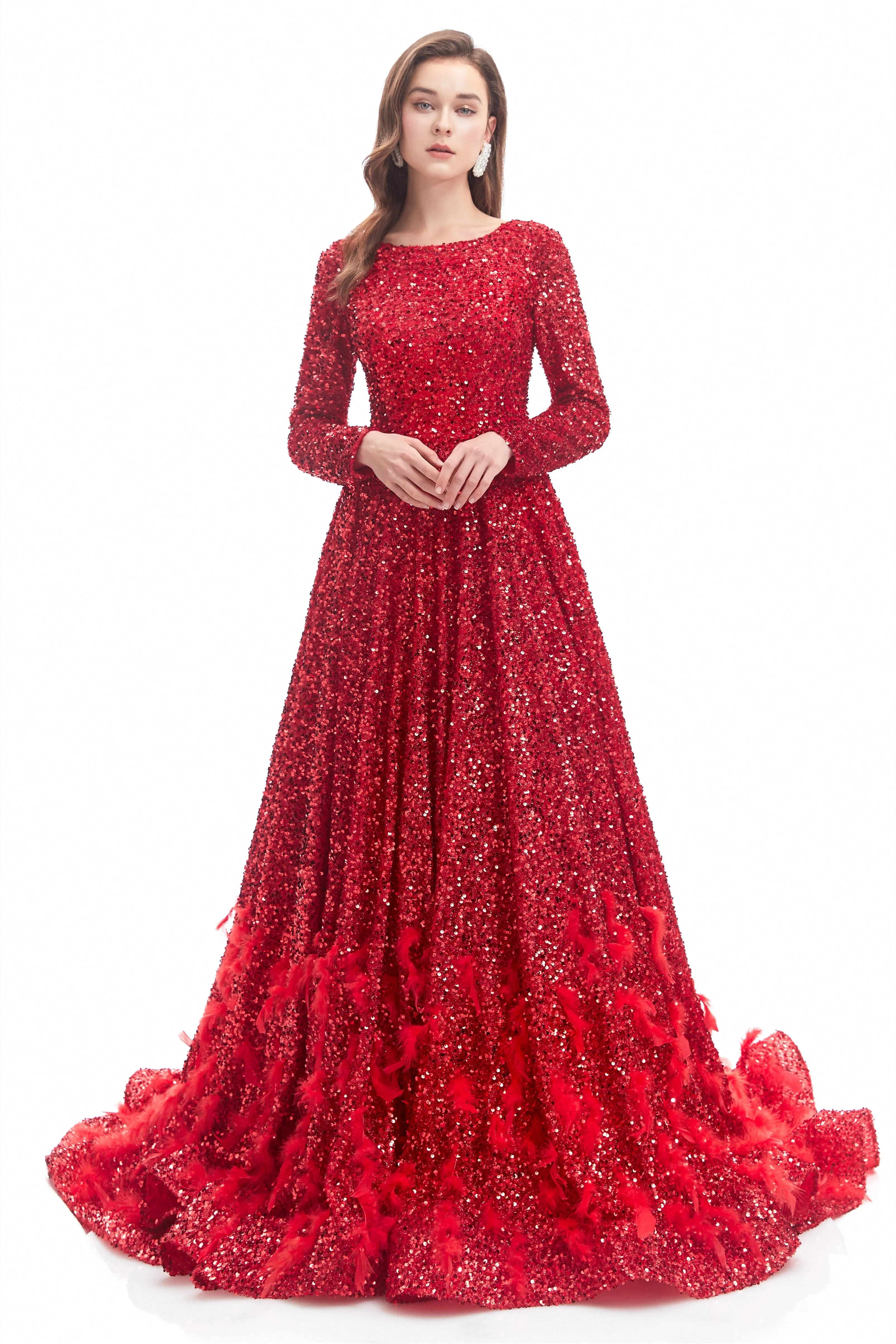 Mermaid Jewel Sequined Floor-length Long Sleeve With Feather Prom Dress