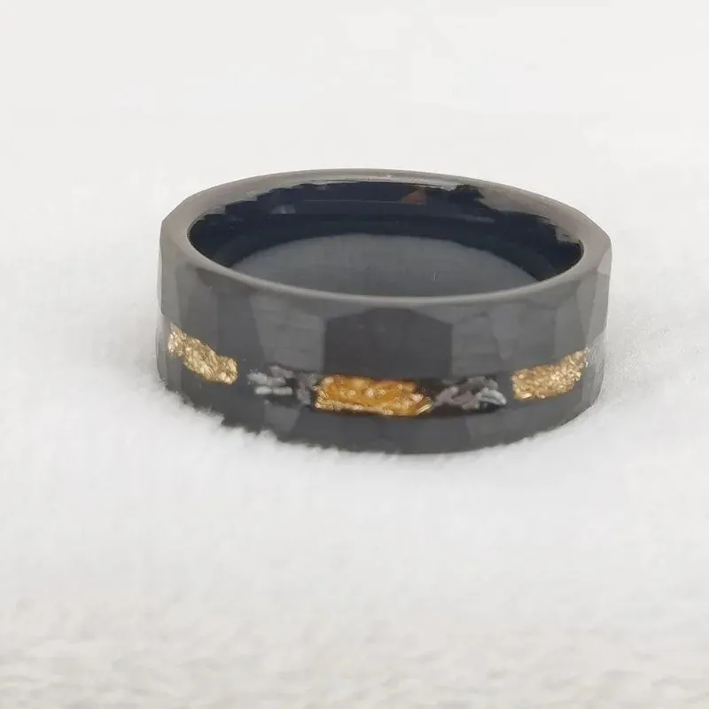Meteorite Chip Gold Foil Inlay Hammer Tungsten Carbide Men's Ring
