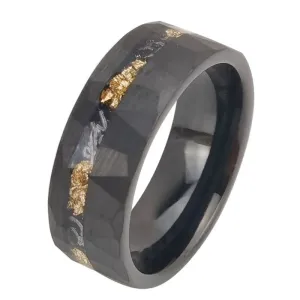 Meteorite Chip Gold Foil Inlay Hammer Tungsten Carbide Men's Ring