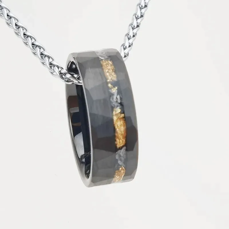 Meteorite Chip Gold Foil Inlay Hammer Tungsten Carbide Men's Ring
