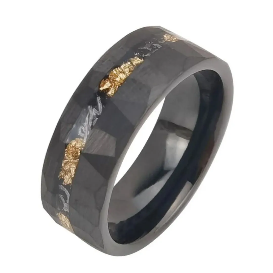 Meteorite Chip Gold Foil Inlay Hammer Tungsten Carbide Men's Ring