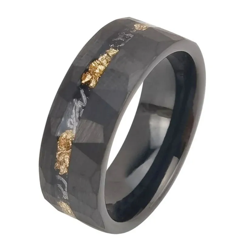Meteorite Chip Gold Foil Inlay Hammer Tungsten Carbide Men's Ring