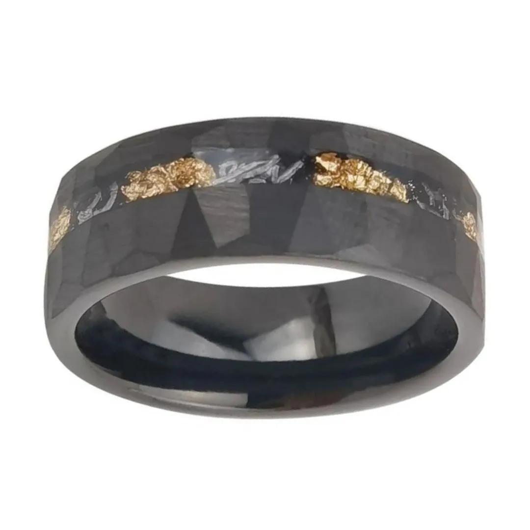 Meteorite Chip Gold Foil Inlay Hammer Tungsten Carbide Men's Ring