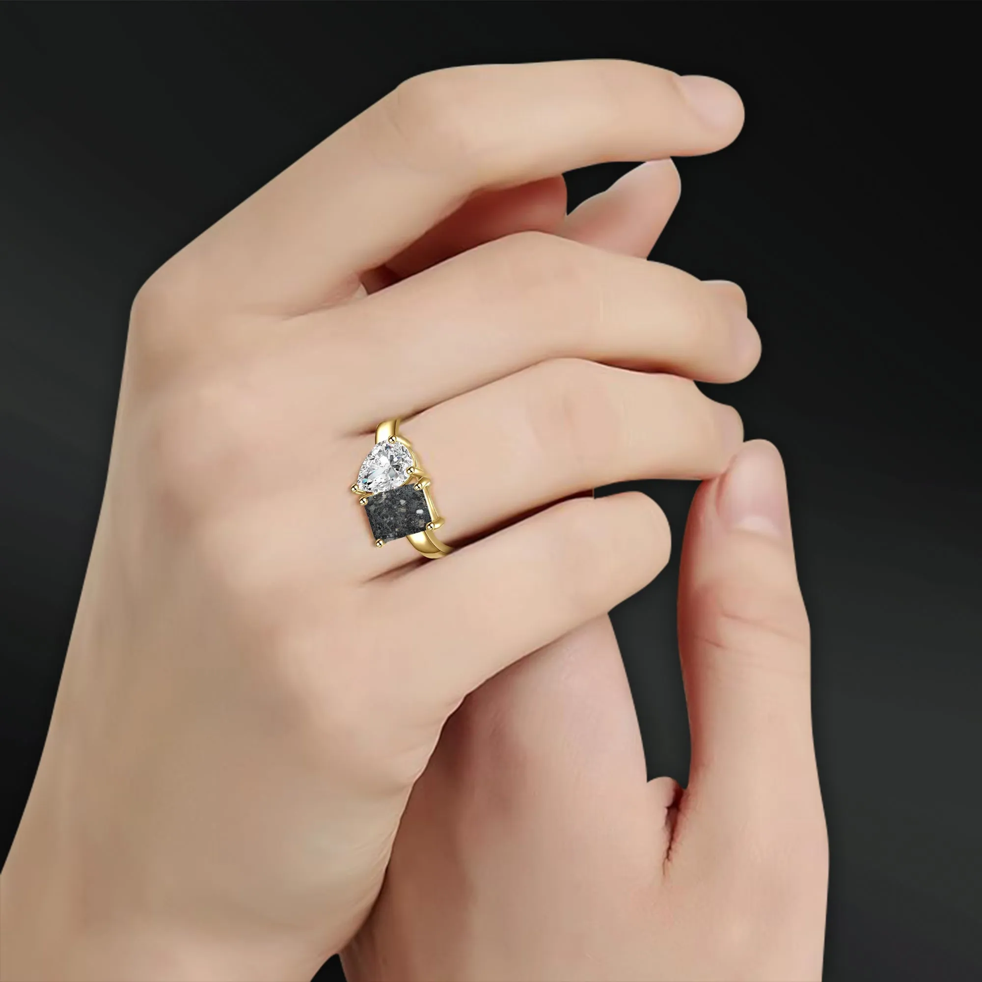 Moon Obsession - 14K Gold or Sterling Silver Engagement Ring for Her | Genuine Lunar Meteorite & Moissanite | D-Color VVS1 Clarity