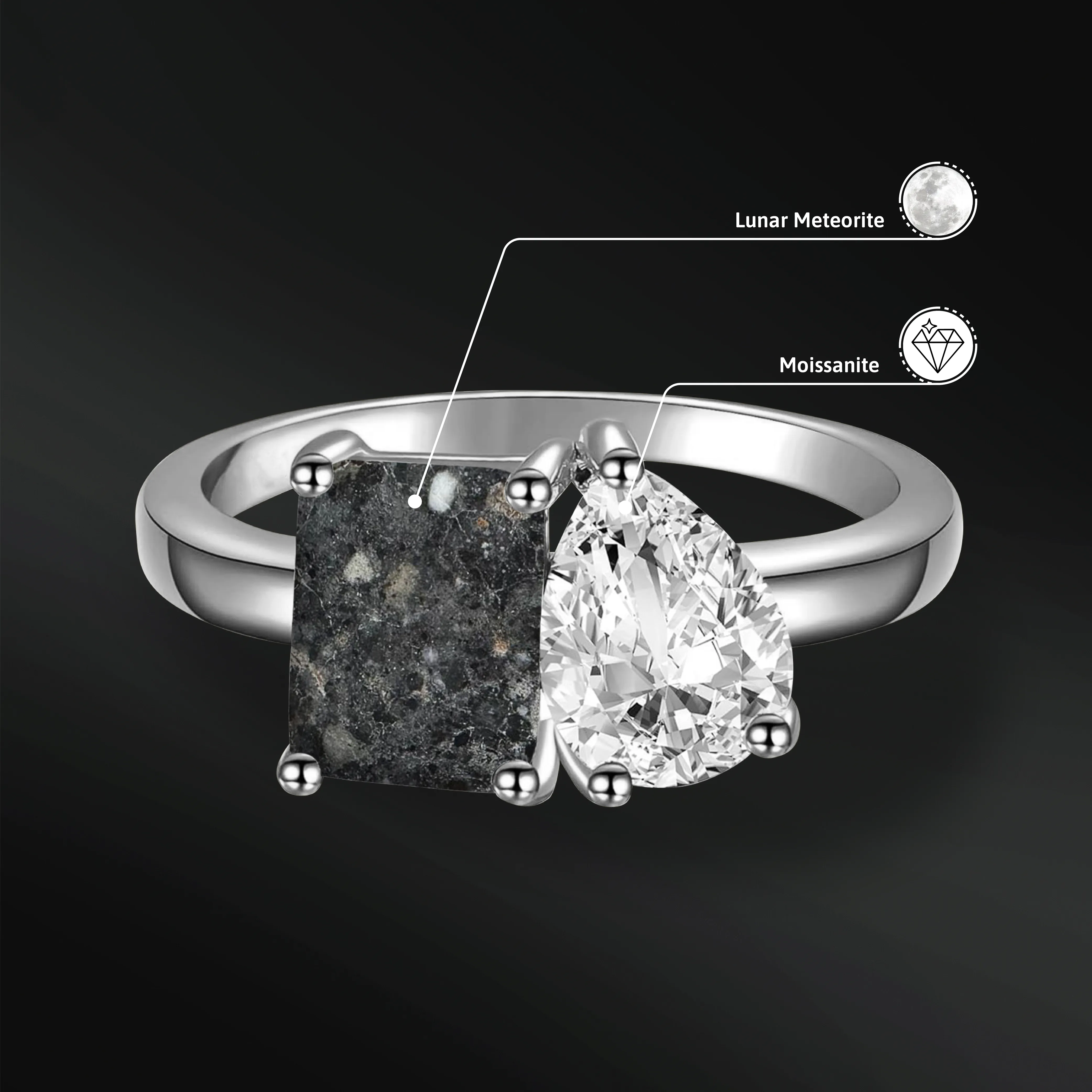 Moon Obsession - 14K Gold or Sterling Silver Engagement Ring for Her | Genuine Lunar Meteorite & Moissanite | D-Color VVS1 Clarity