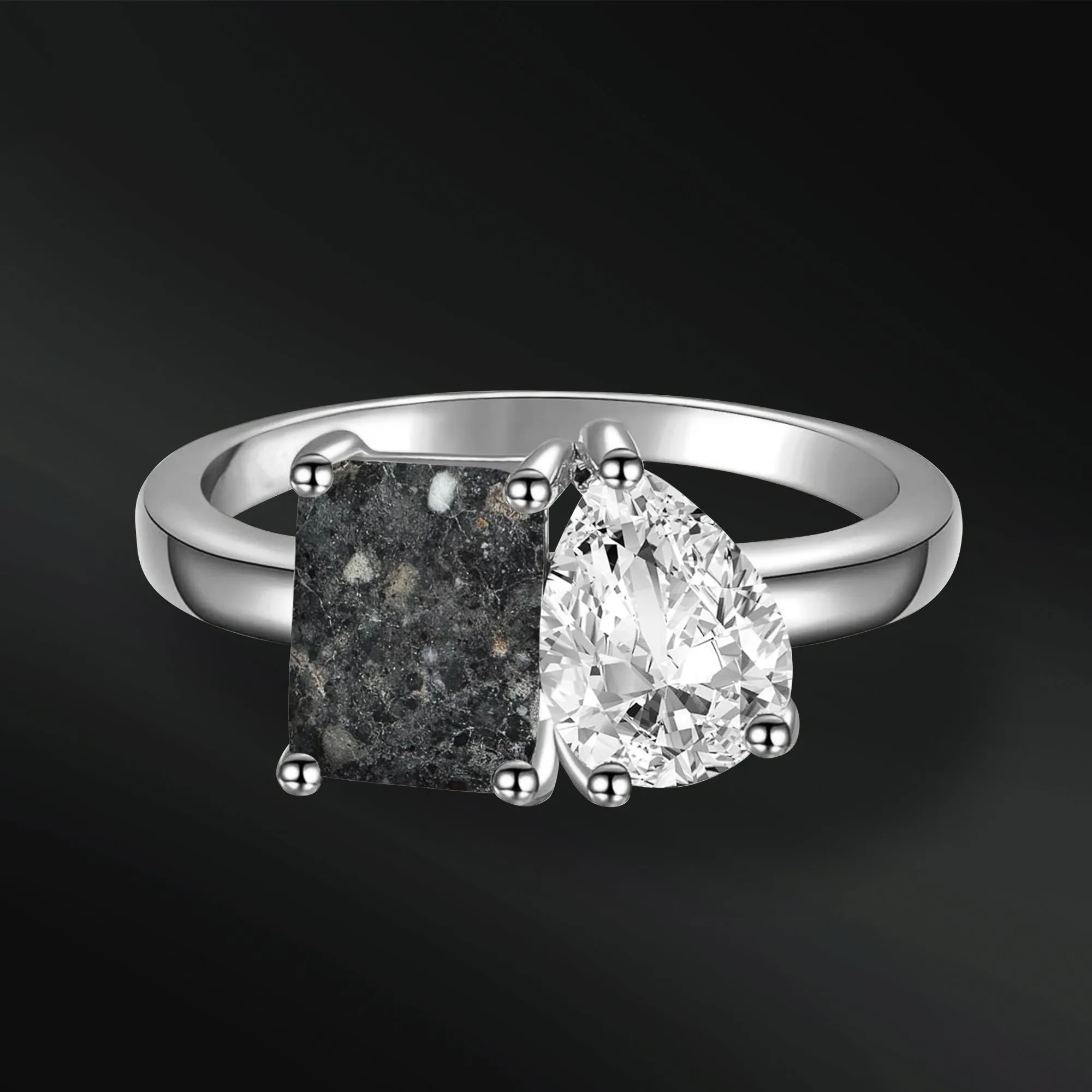 Moon Obsession - 14K Gold or Sterling Silver Engagement Ring for Her | Genuine Lunar Meteorite & Moissanite | D-Color VVS1 Clarity