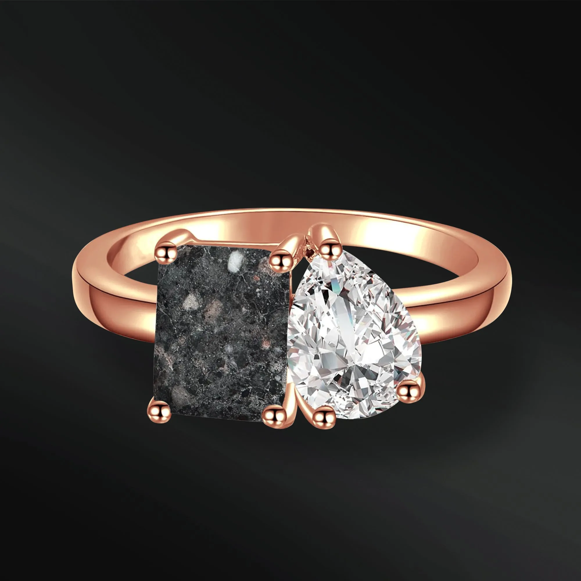 Moon Obsession - 14K Gold or Sterling Silver Engagement Ring for Her | Genuine Lunar Meteorite & Moissanite | D-Color VVS1 Clarity