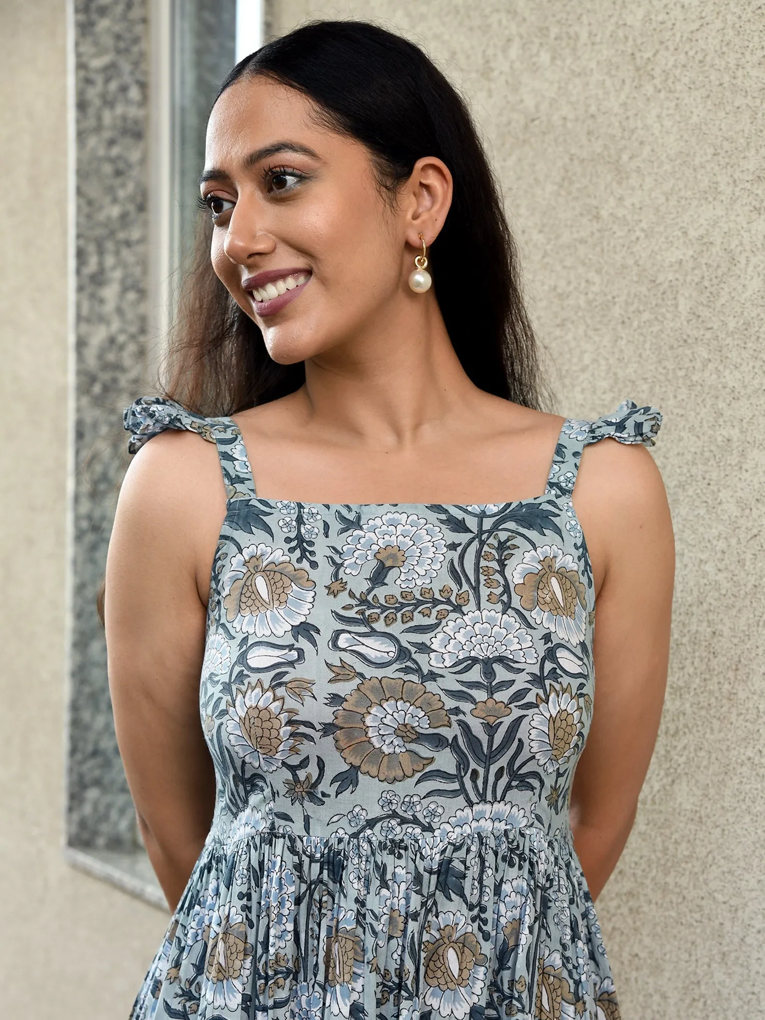 MULMUL RISHA JAAL BLOCK PRINTED TIERED DRESS