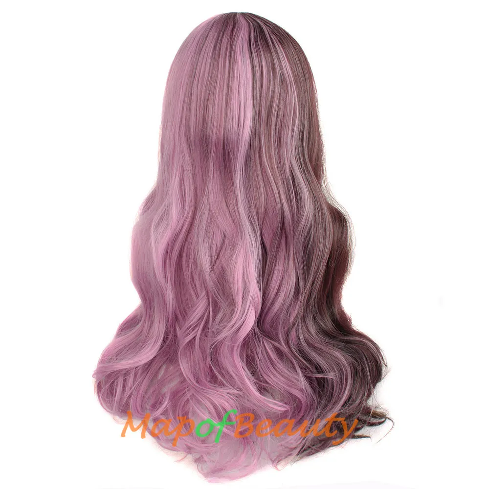 Multi-colored Charming Flat Bangs Long Wavy Hair Women's Party Full Wig