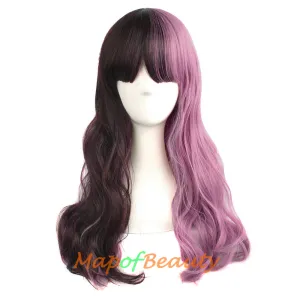 Multi-colored Charming Flat Bangs Long Wavy Hair Women's Party Full Wig