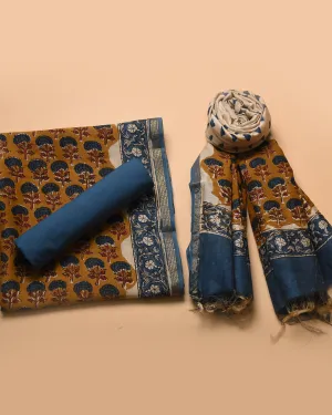Mustard Pure Chanderi Hand Block Printed Unstitched Suit Fabric Set With Chanderi Hand Block Printed Dupatta