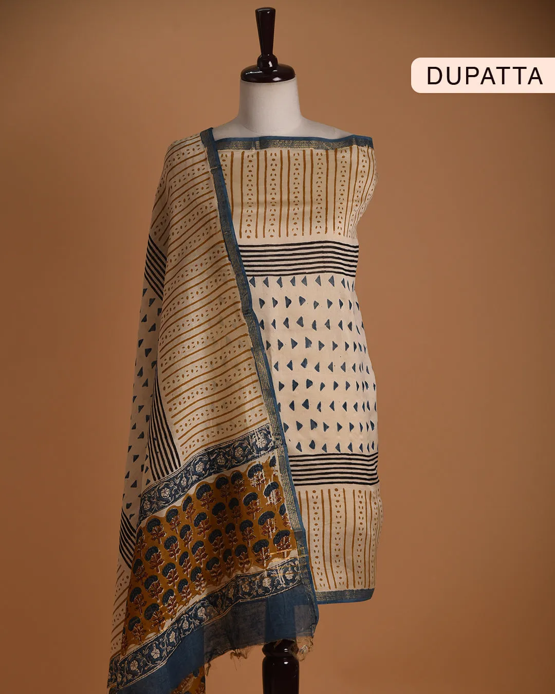 Mustard Pure Chanderi Hand Block Printed Unstitched Suit Fabric Set With Chanderi Hand Block Printed Dupatta