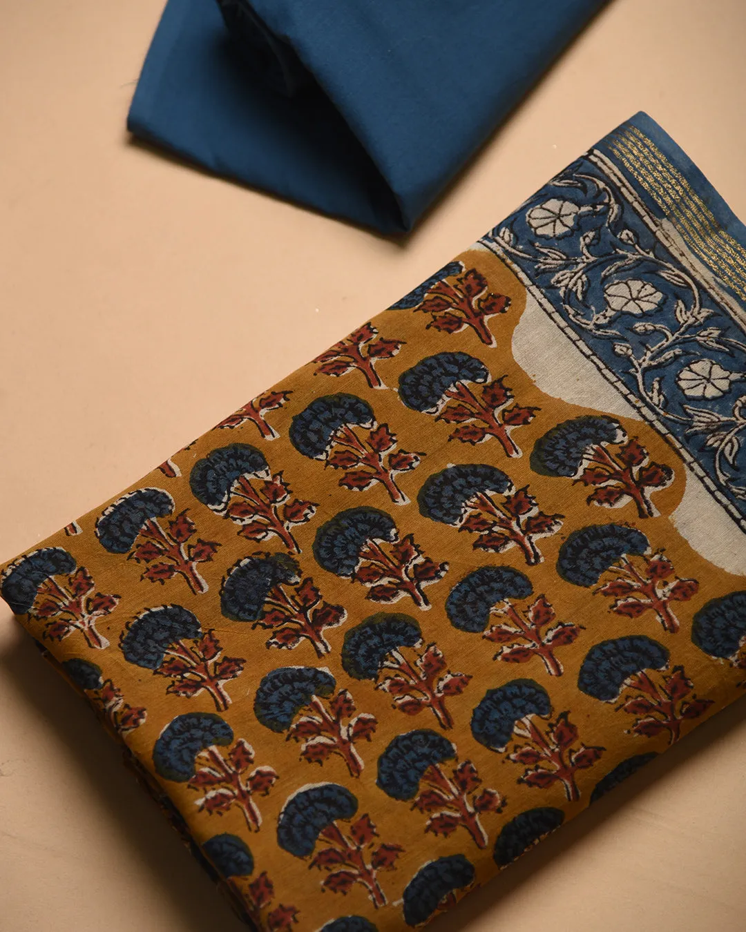 Mustard Pure Chanderi Hand Block Printed Unstitched Suit Fabric Set With Chanderi Hand Block Printed Dupatta