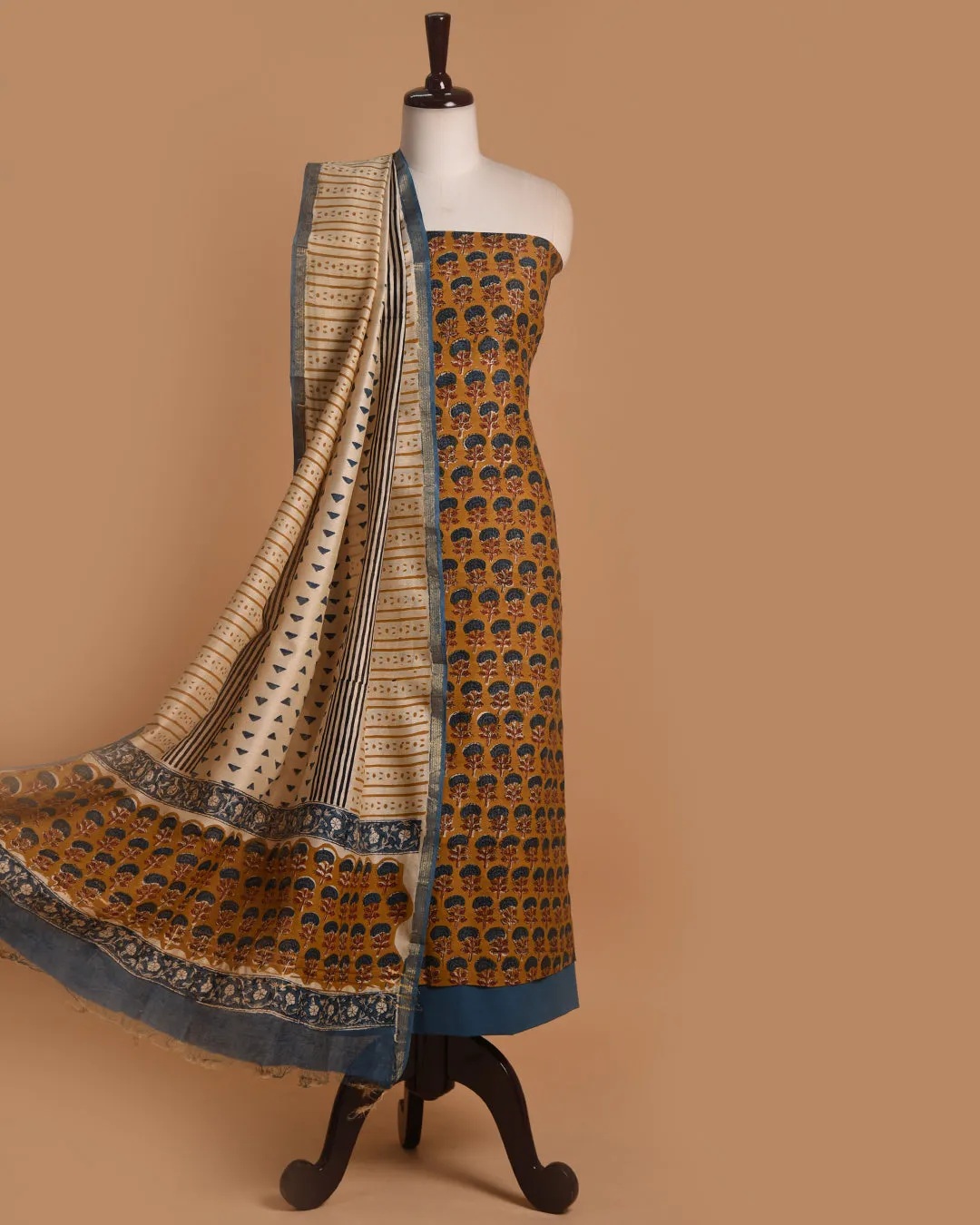 Mustard Pure Chanderi Hand Block Printed Unstitched Suit Fabric Set With Chanderi Hand Block Printed Dupatta