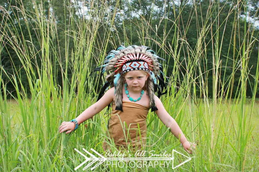 N33- From 5-8 years Kid / Child's: Indian turquoise and black feather Headdress 21 inch. – 53,34 cm.