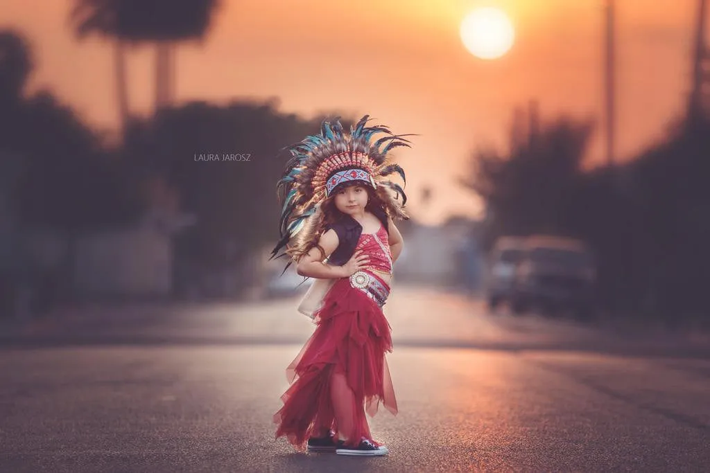 N33- From 5-8 years Kid / Child's: turquoise and black feather Headdress 21 inch. – 53,34 cm.
