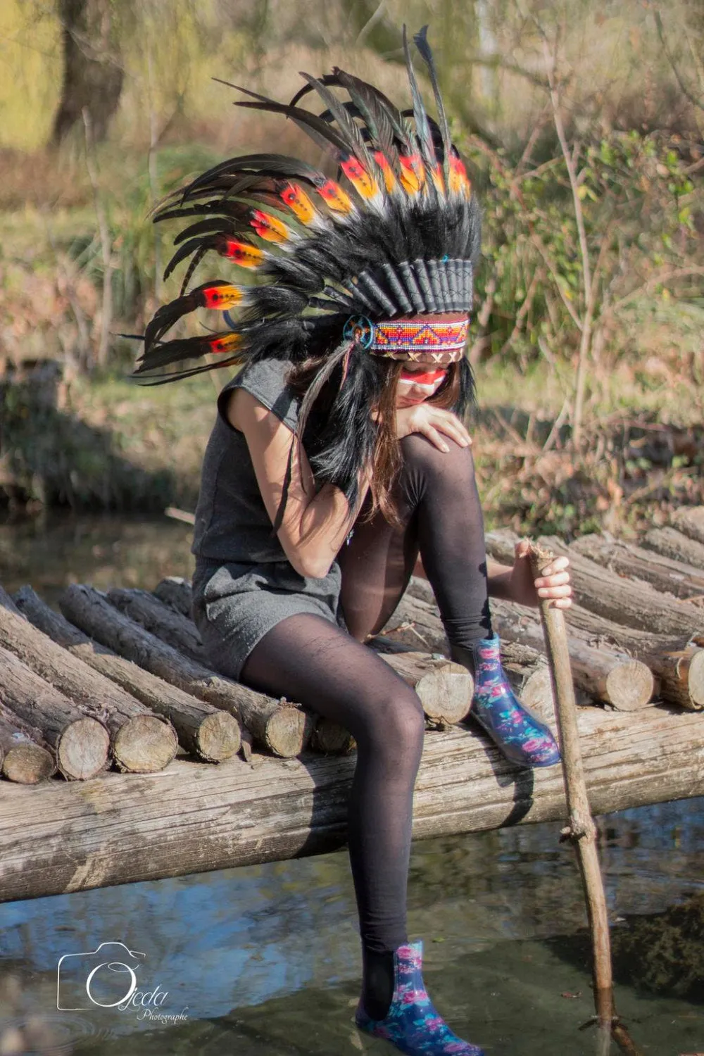 N41- From 5-8  years Kid / Child's: double feather Headdress 21 inch. – 53,34 cm