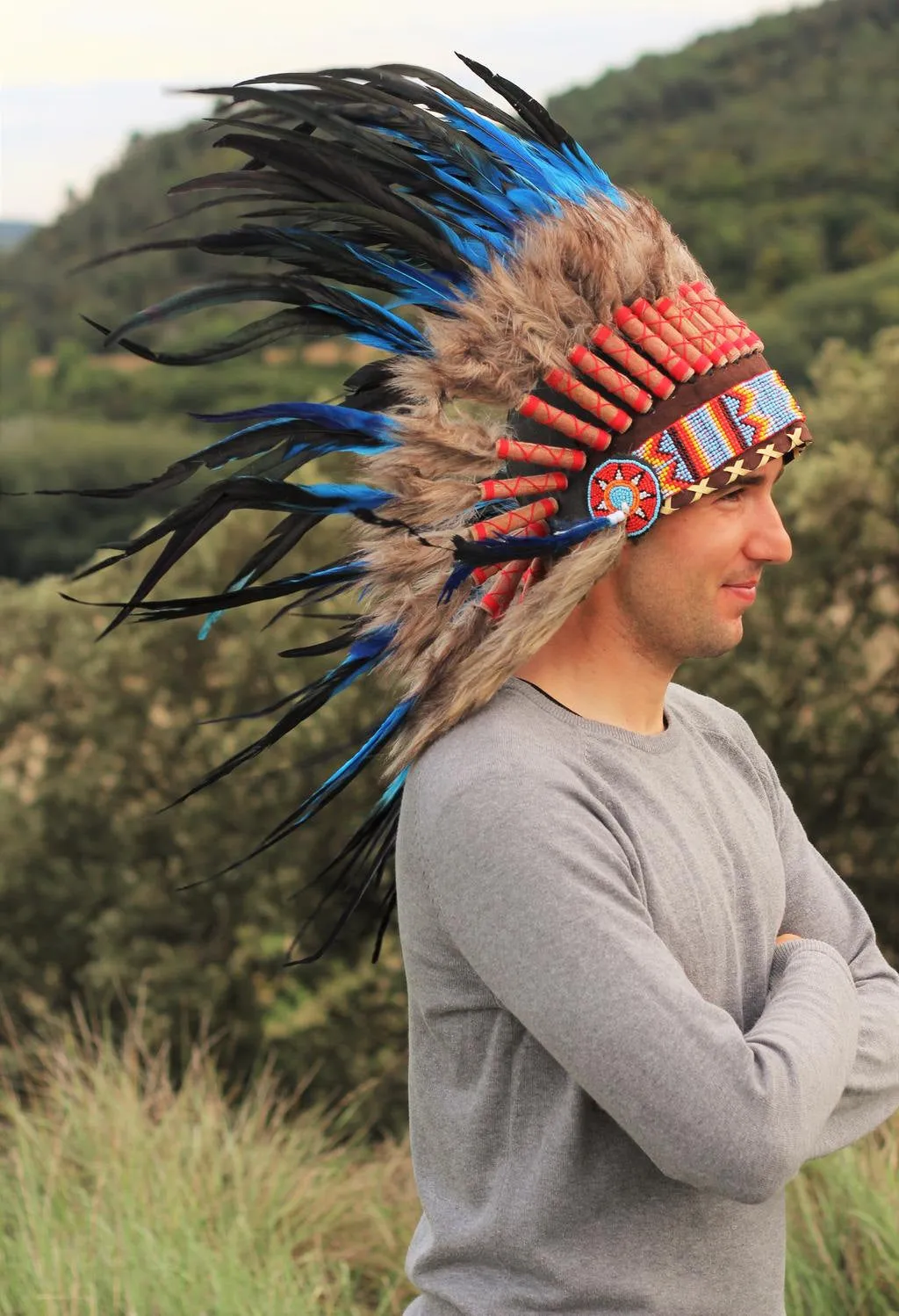 N54- Electric Blue  and dark Feather Short Headdress / Warbonnet