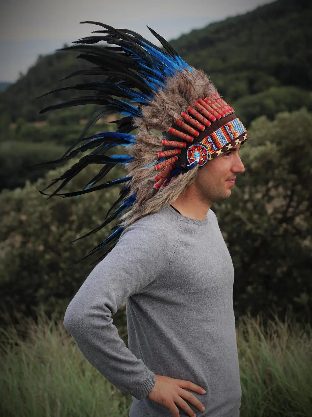 N54- Electric Blue  and dark Feather Short Headdress / Warbonnet