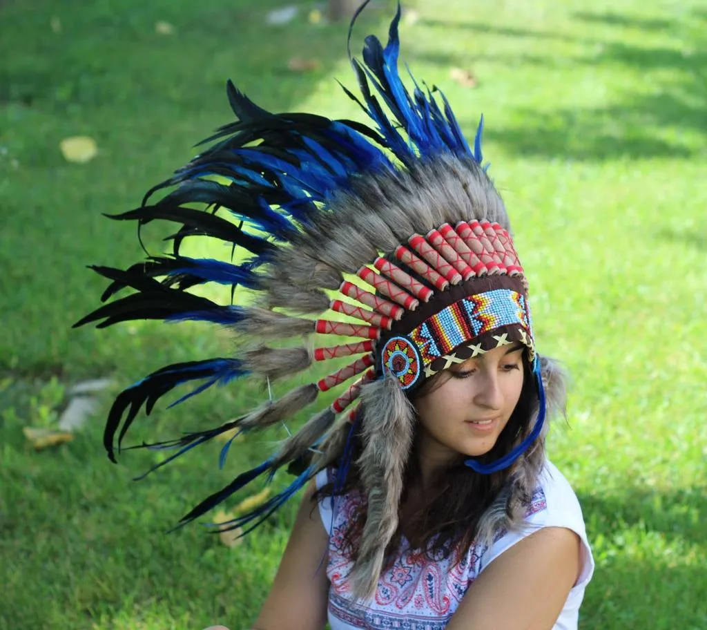 N54- Electric Blue  and dark Feather Short Headdress / Warbonnet