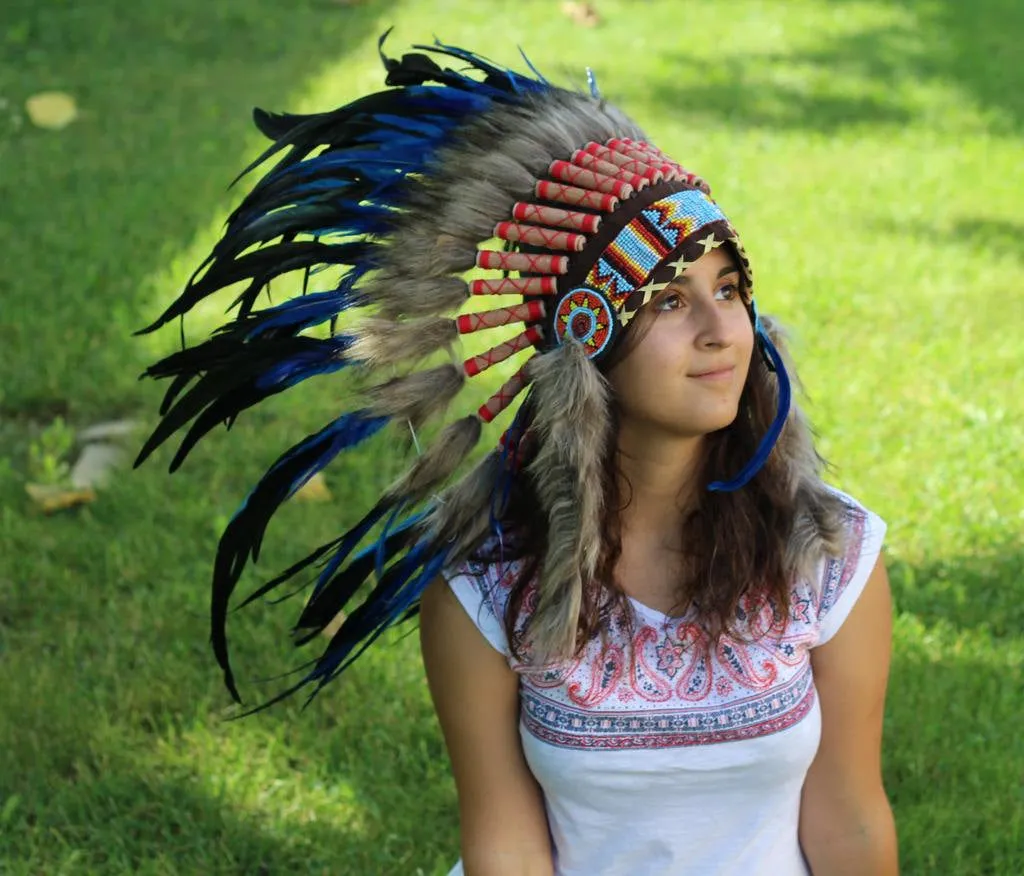N54- Electric Blue  and dark Feather Short Headdress / Warbonnet