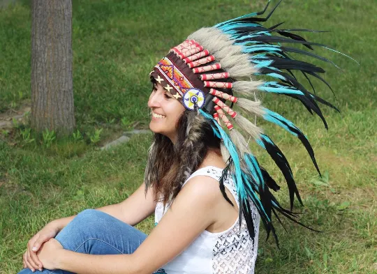N55-Light Blue / Turquoise and dark Feather Headdress / Warbonnet
