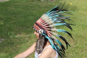 N55-Light Blue / Turquoise and dark Feather Headdress / Warbonnet