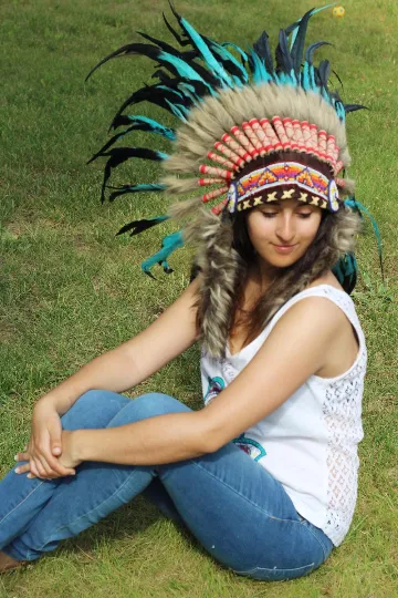 N55-Light Blue / Turquoise and dark Feather Headdress / Warbonnet