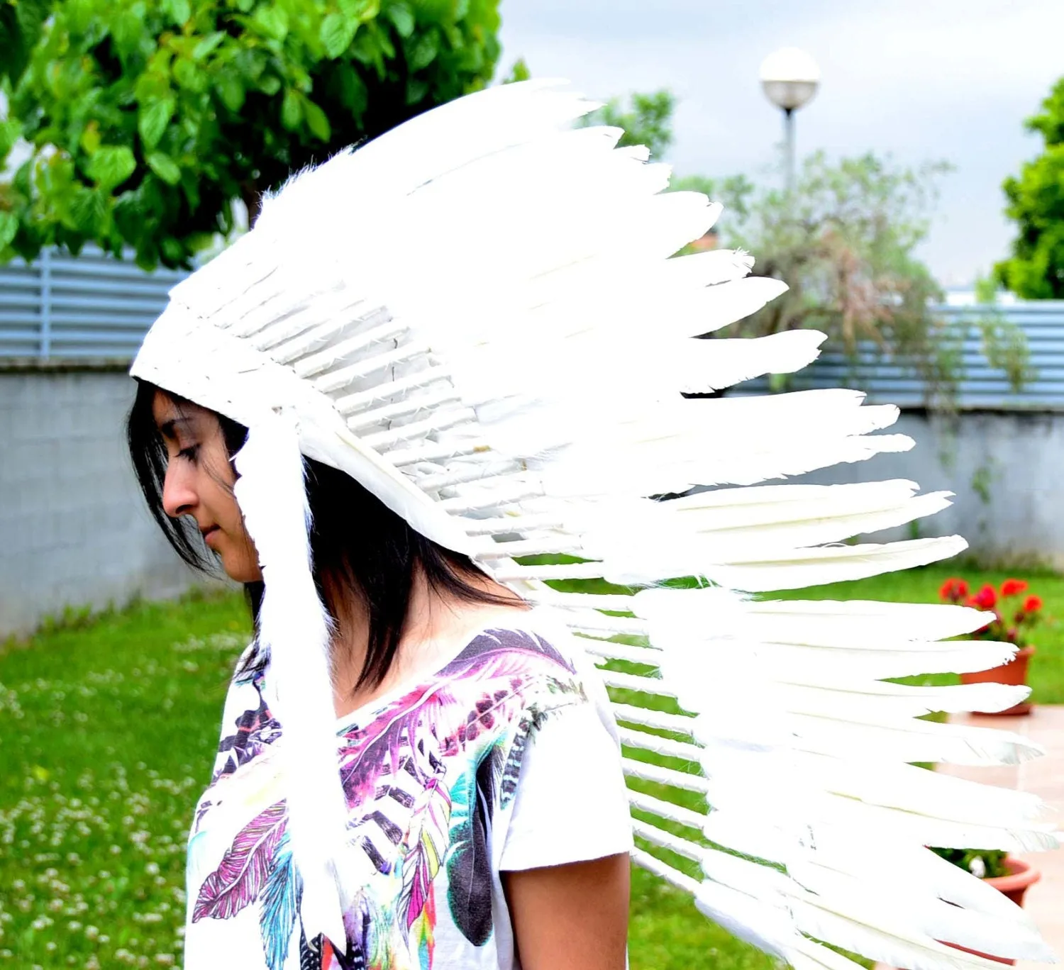 N81 - Medium Indian  White  Feather Headdress (36 inch long)