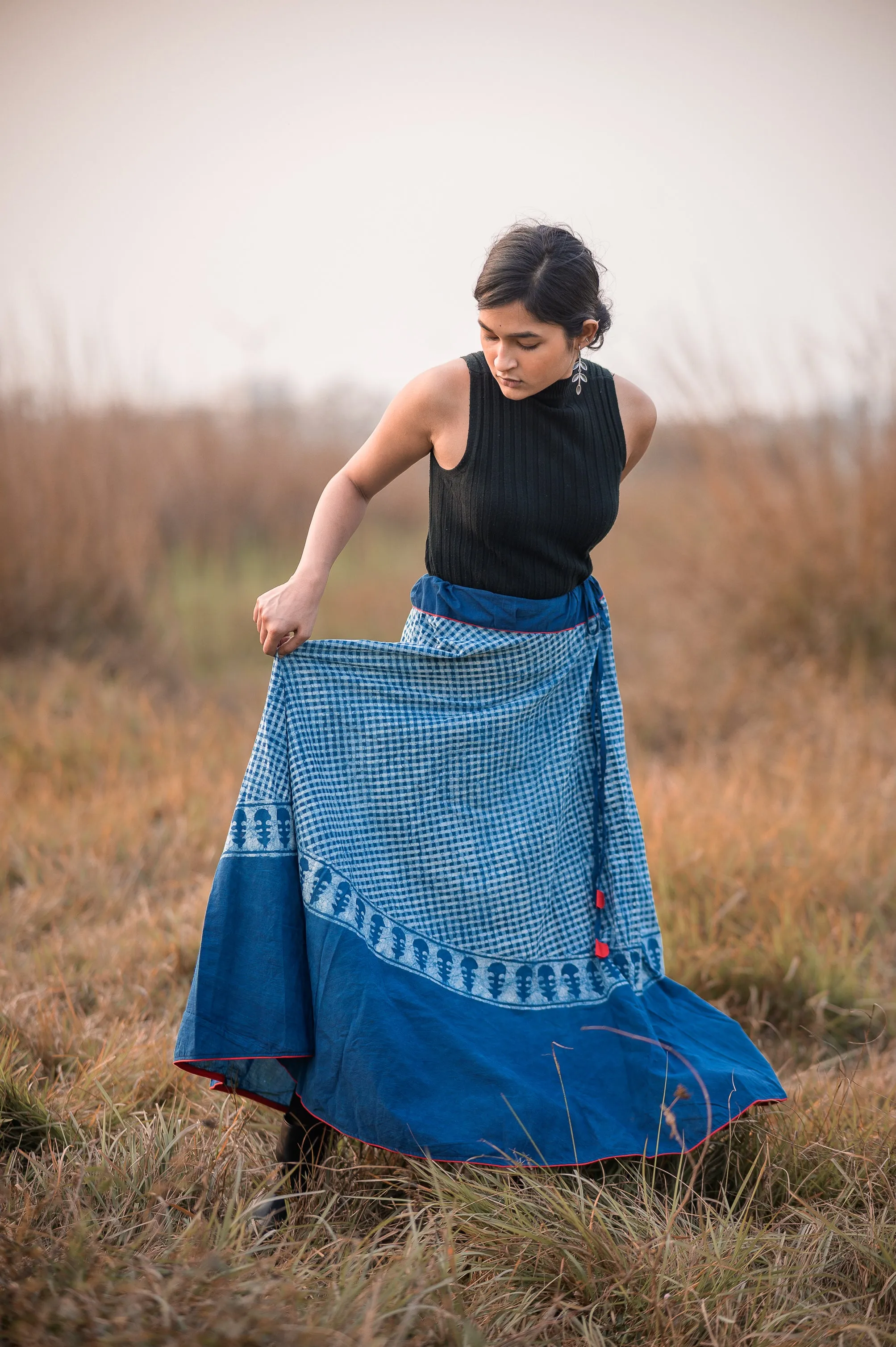 Natural dyed cotton long indigo print skirt -Noor -  Asma