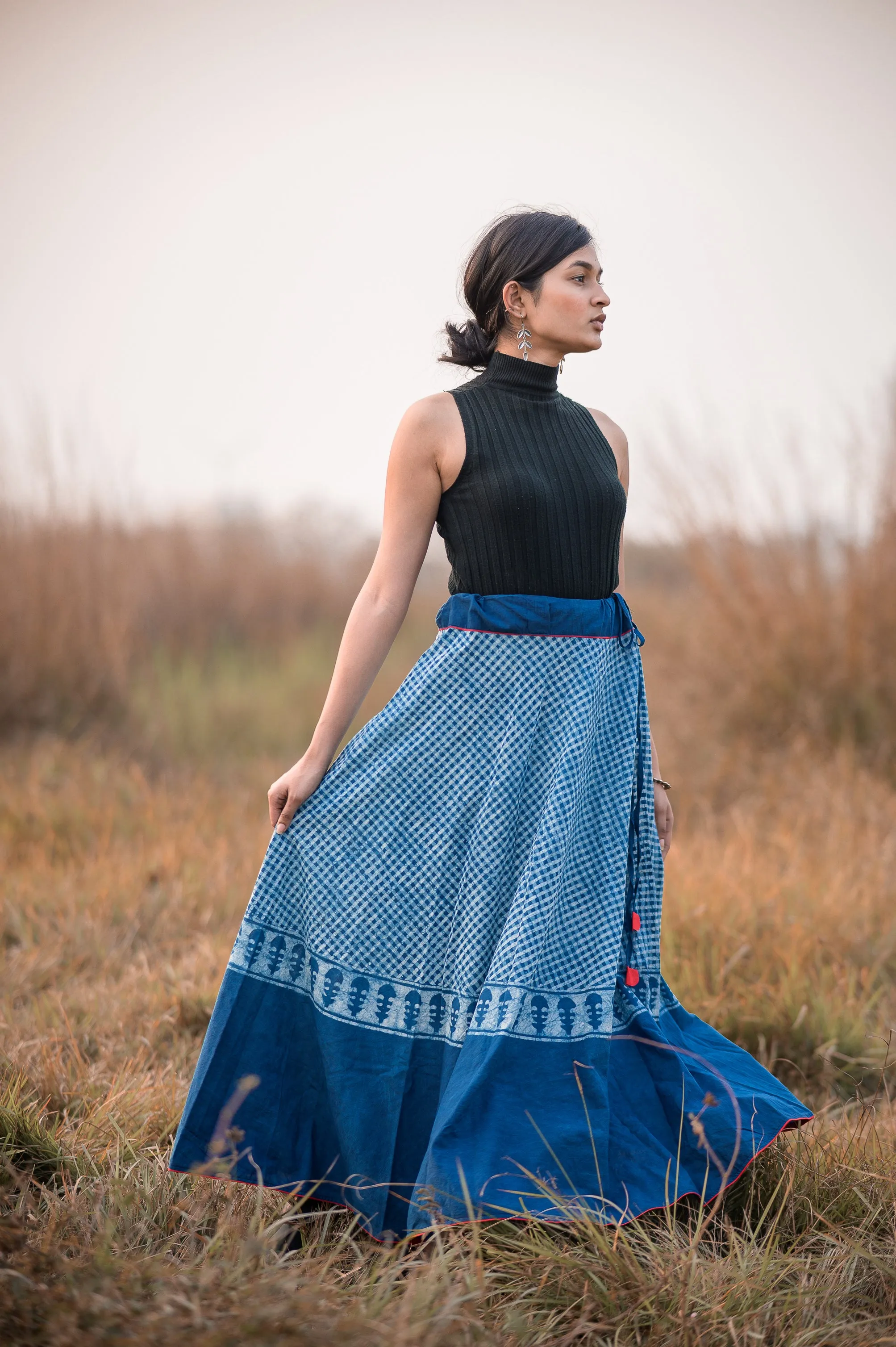 Natural dyed cotton long indigo print skirt -Noor -  Asma