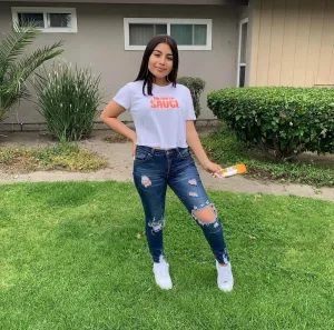 Neon Orange Glitter Drippin Sauce | White Crop Top Tee