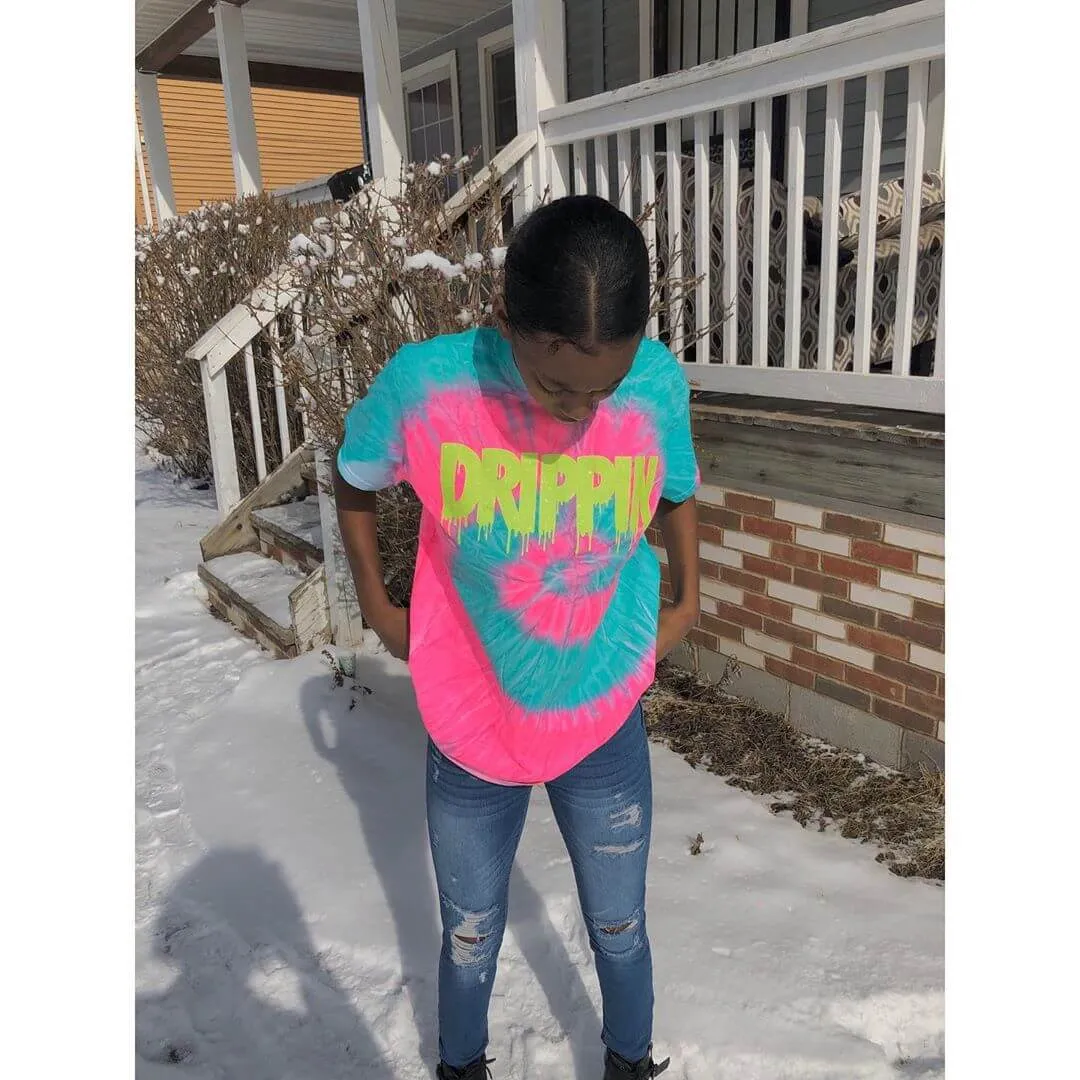 Neon Yellow Glitter Drippin | Minty Pink Tee