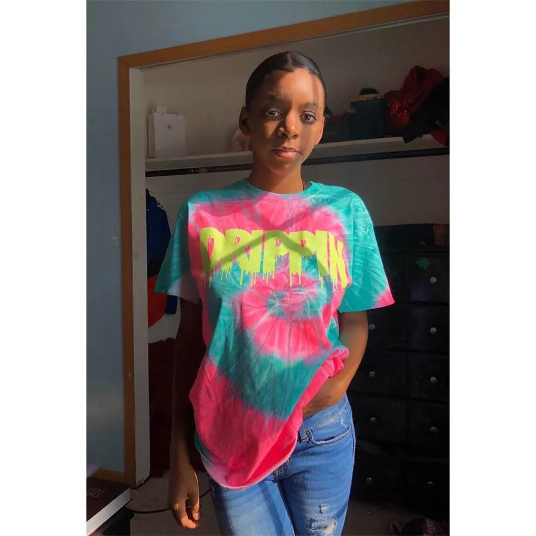 Neon Yellow Glitter Drippin | Minty Pink Tee