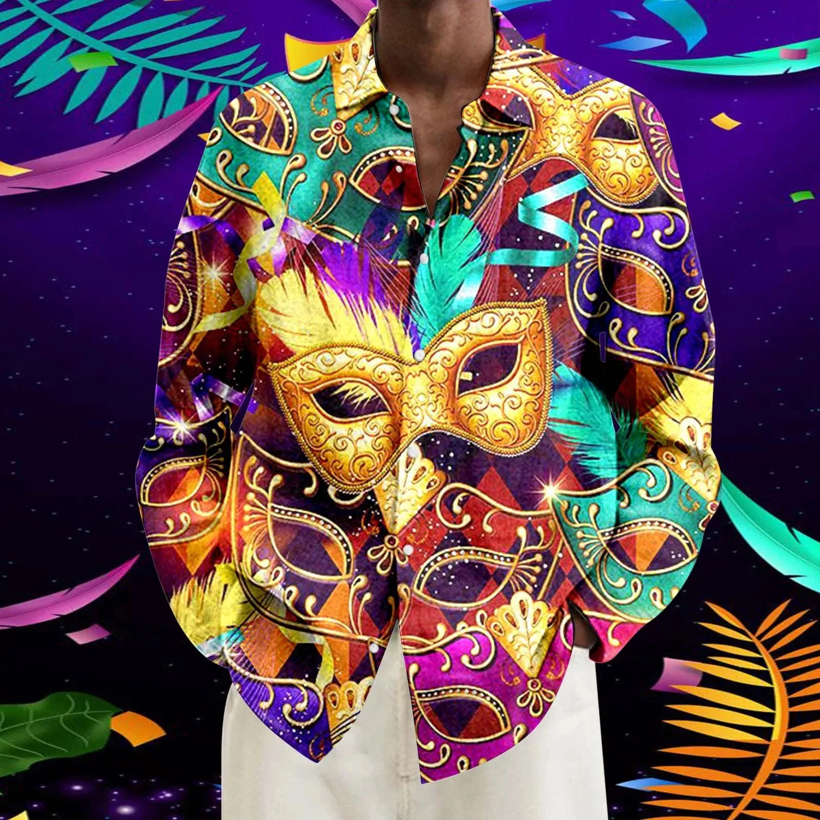 New Fashion Men's Mardi Gras Shirt Graphic Long Sleeve 3d Digital Print Lapel Carnival Vintage Shirt Party Blouse Plus Size