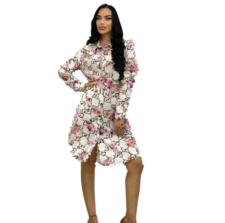 New luxury desinger Women's Casual printed flowers white dress blouses shirts single breasted fashion top above knee Shirts party dress