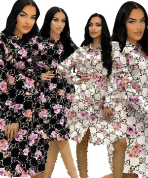 New luxury desinger Women's Casual printed flowers white dress blouses shirts single breasted fashion top above knee Shirts party dress