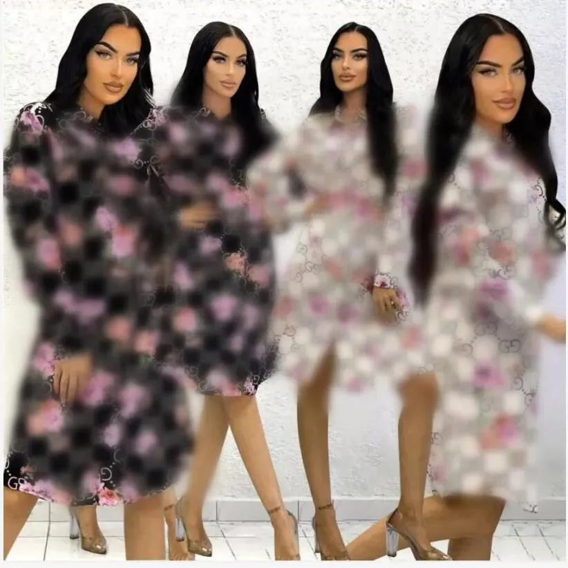 New luxury desinger Women's Casual printed flowers white dress blouses shirts single breasted fashion top above knee Shirts party dress