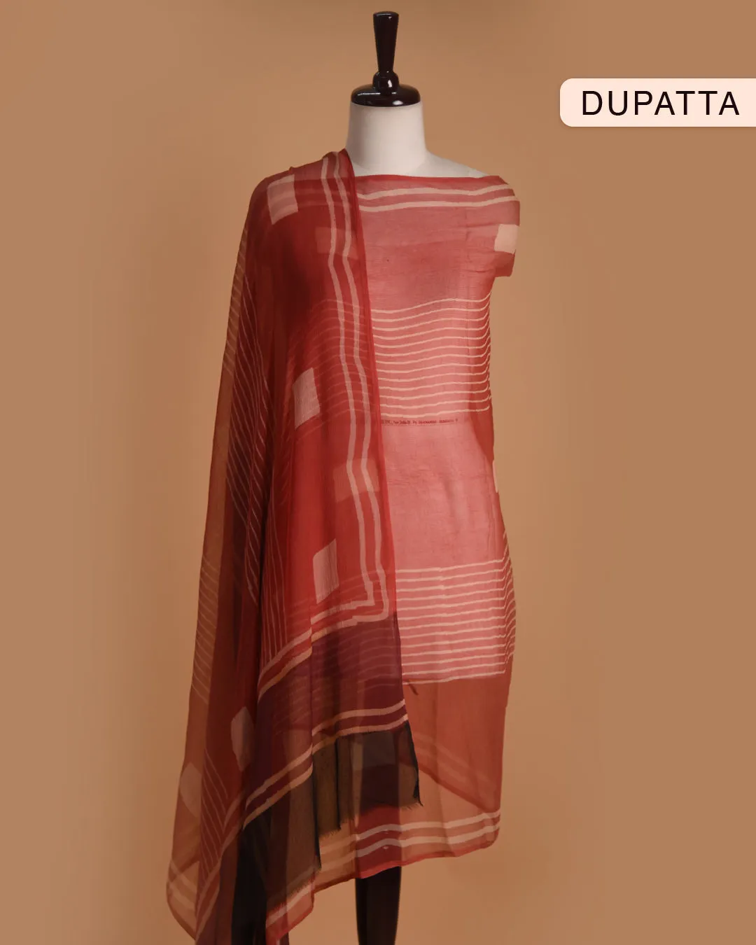 Off White With Rust Pure Cotton Hand Block Printed With Embroidery Unstitched Suit Fabric Set WIth Chiffon Hand Block Printed Dupatta