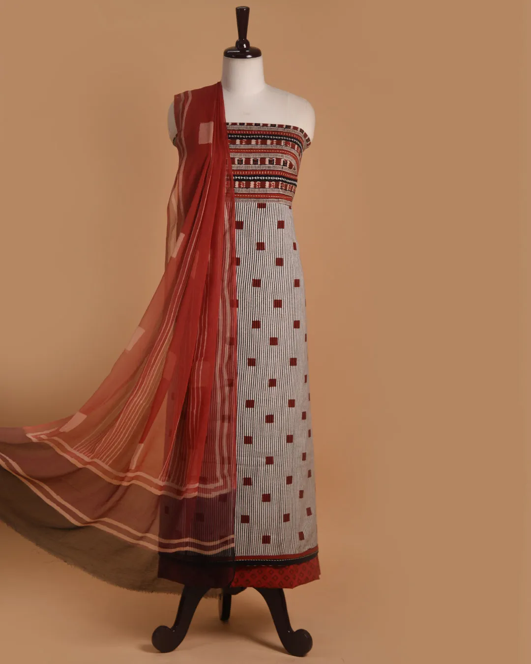 Off White With Rust Pure Cotton Hand Block Printed With Embroidery Unstitched Suit Fabric Set WIth Chiffon Hand Block Printed Dupatta