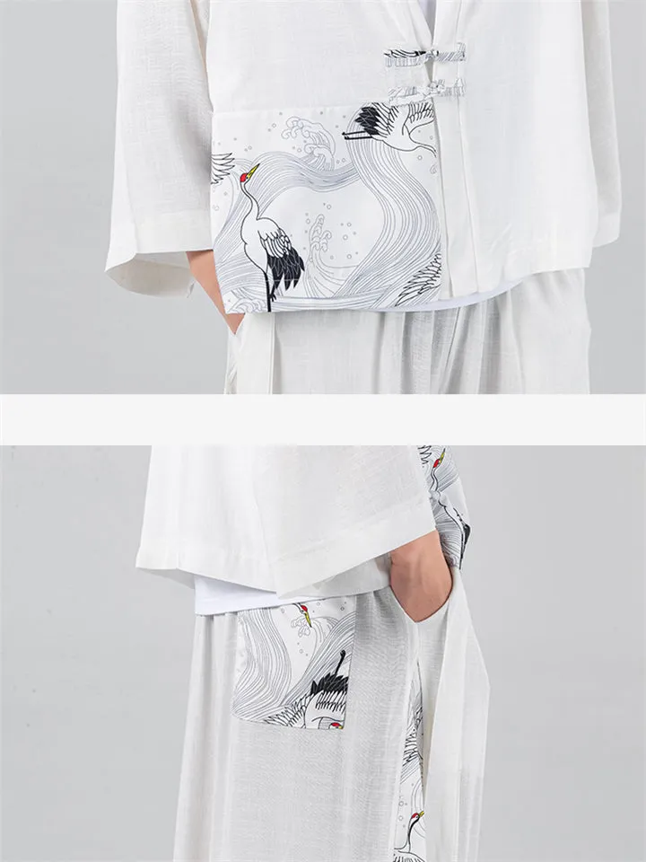 Patchwork Cranes Printed Long Sleeve Cardigan