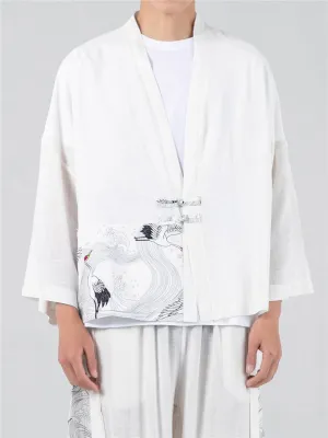 Patchwork Cranes Printed Long Sleeve Cardigan