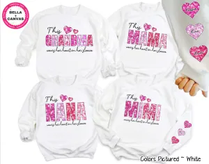 Personalized Grandma, Mama, Nana, or Mimi Wearing Heart on My Sleeve with Kids Names Valentine Tee or Sweatshirt