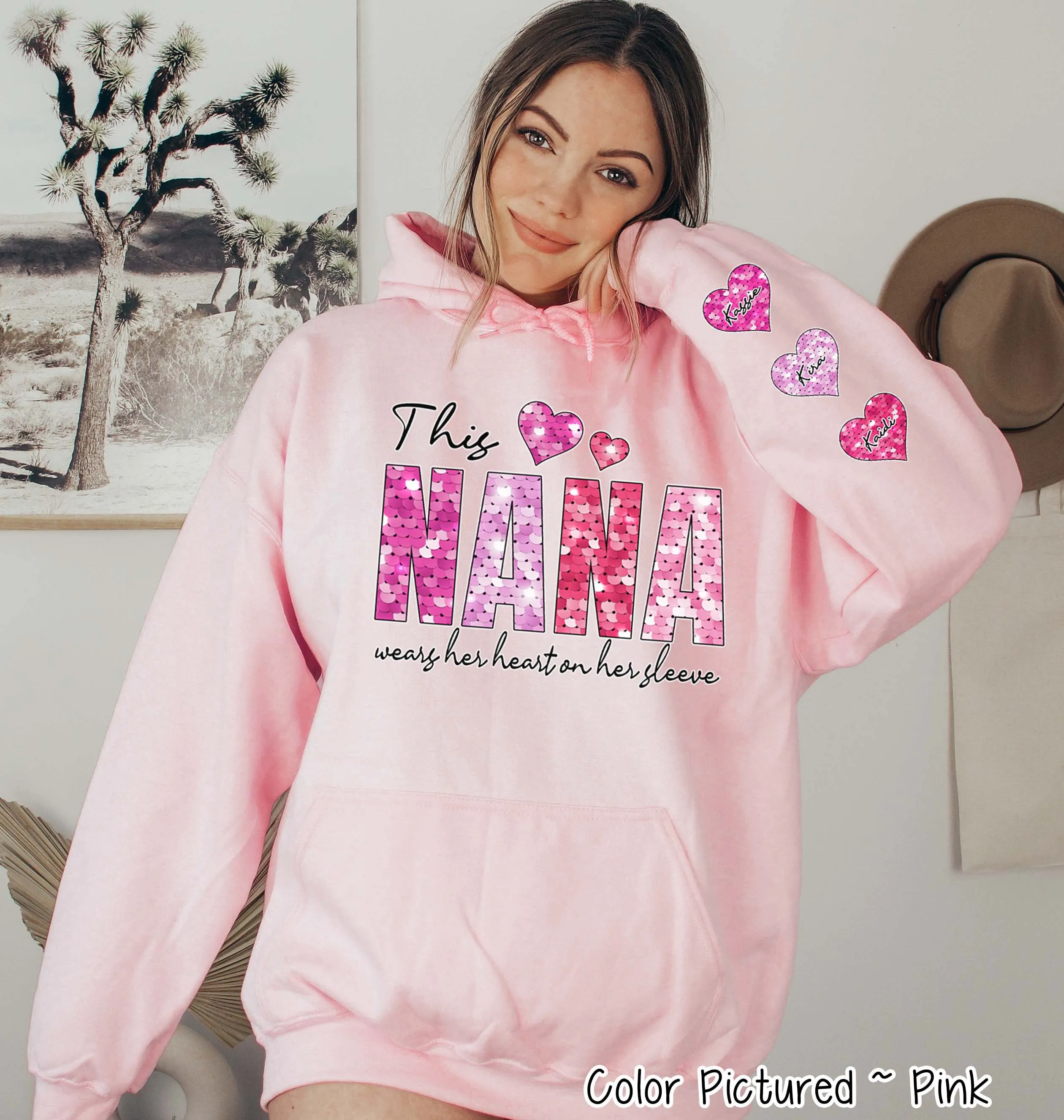 Personalized Grandma, Mama, Nana, or Mimi Wearing Heart on My Sleeve with Kids Names Valentine Tee or Sweatshirt