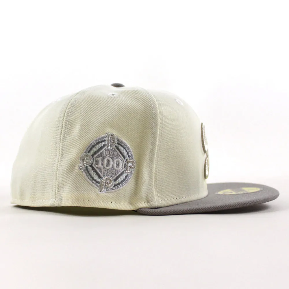 Philadelphia Phillies 100 Years Patch 59Fifty New Era Fitted Hat (Chrome White Stone Gray Under Brim)