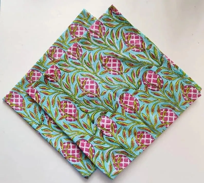 Pink and Green Floral Hand Block Printed Cotton Napkins